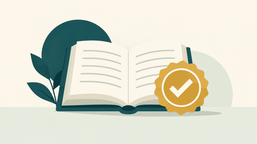 Open Book with Golden Check Badge